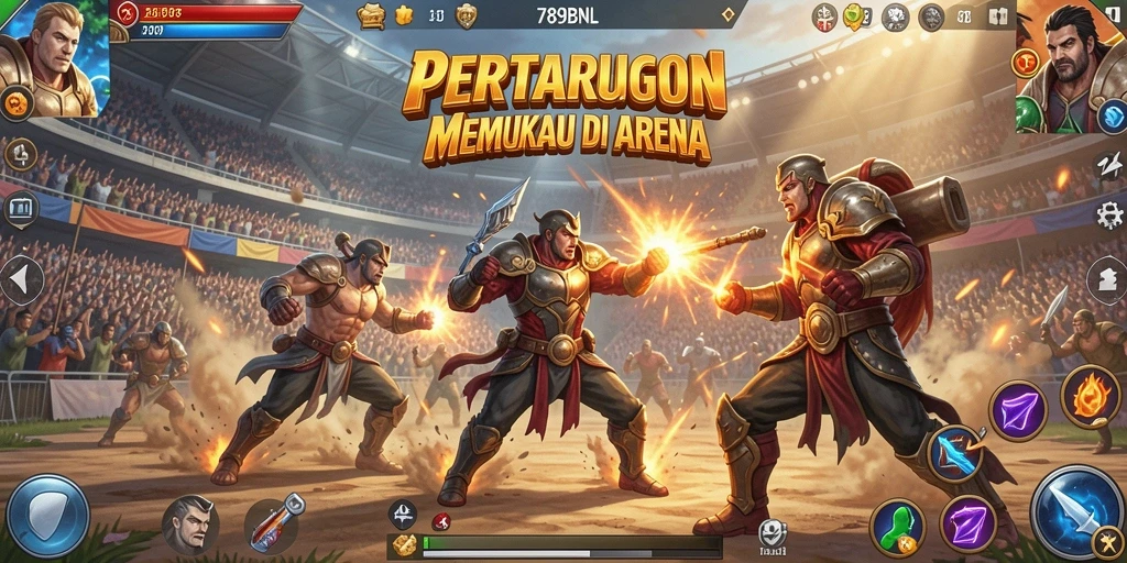Screenshot yang menampilkan pertarungan epik di 789BNL dengan karakter menarik.