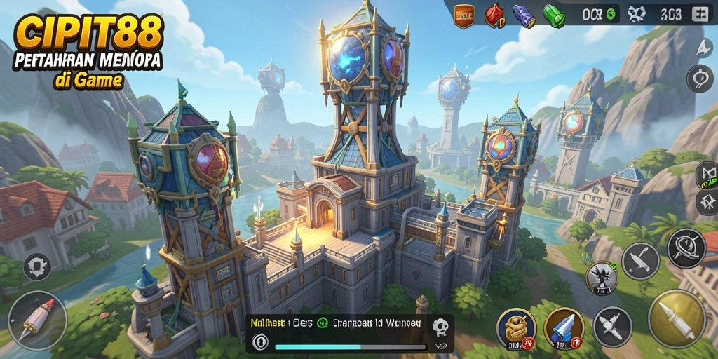 Screenshot gameplay CIPIT88 dengan menara pertahanan yang menakjubkan.