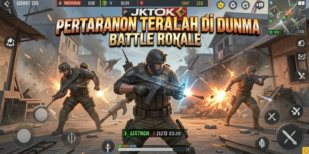Screenshot gameplay JKTOK menampilkan momen pertempuran Battle Royale yang mendebarkan.