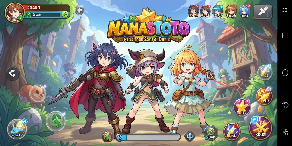 Screenshot NANASTOTO menampilkan aksi karakter dalam pertempuran penuh warna.