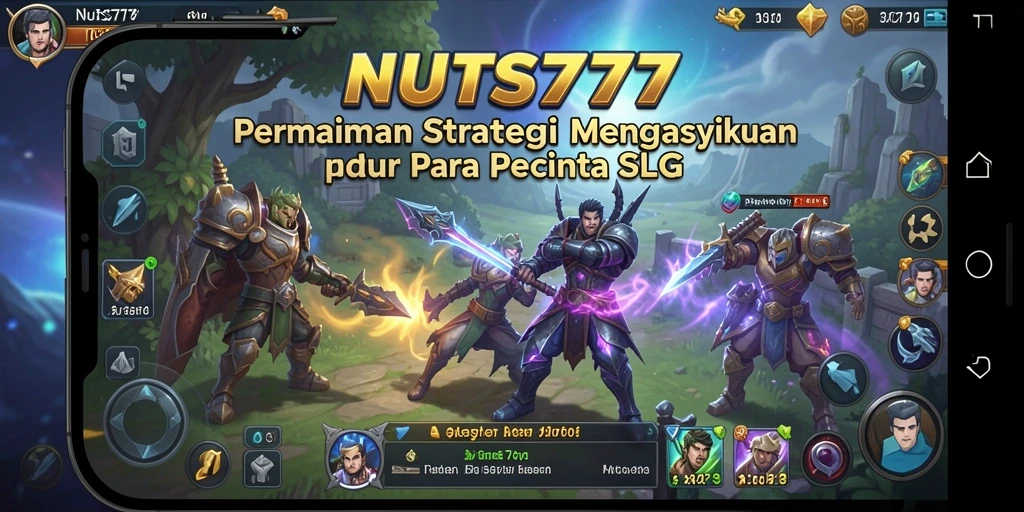 Tangkapan layar NUTS777 menampilkan aksi pertempuran dan pembangunan kerajaan.