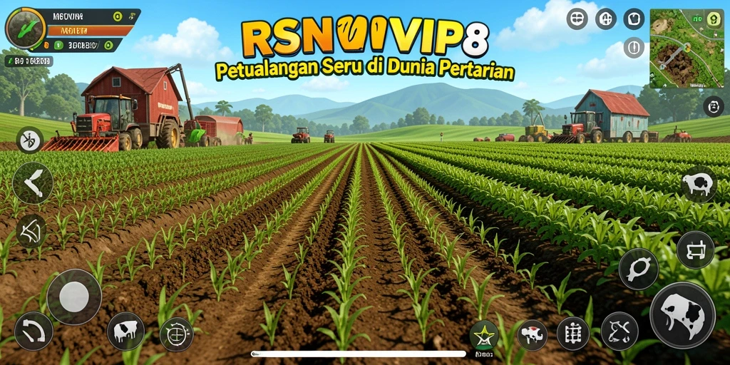 Tampilan screenshot RSNVIP8 memperlihatkan aktivitas bertani yang seru.