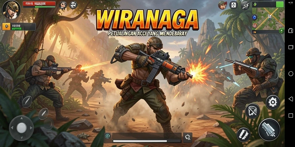 Screenshot utama WIRANAGA menunjukkan aksi seru dalam pertempuran.